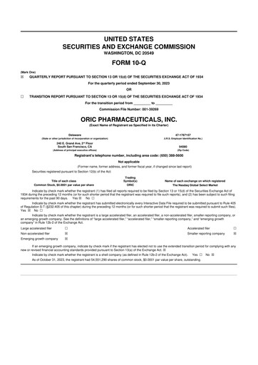 Thumbnail ORIC Pharmaceuticals
 10-Q Quarterly Report FY2023 