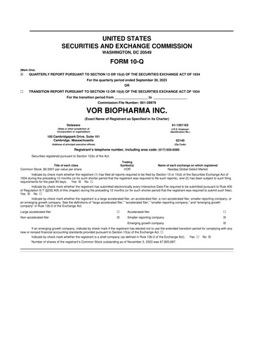 Thumbnail Vor Biopharma 10-Q Quarterly Report FY 