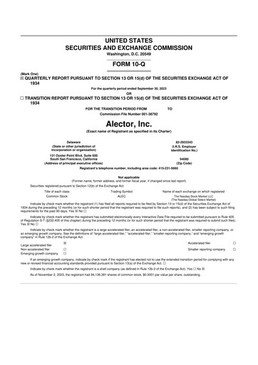 Thumbnail Alector
 10-Q Quarterly Report FY 