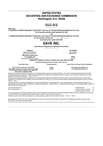 Thumbnail Dave Inc. 10-Q Quarterly Report FY2023 