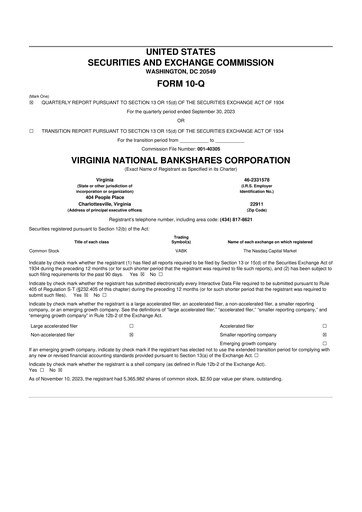 Thumbnail Virginia National Bankshares 10-Q Quarterly Report FY2023 