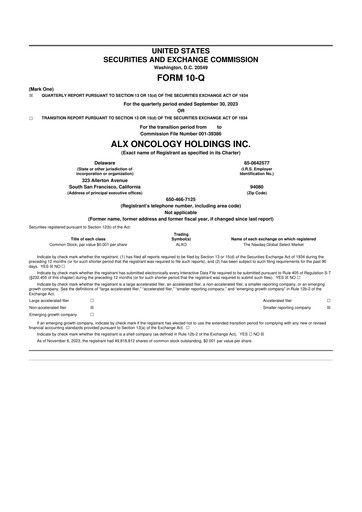 Vorschaubild ALX Oncology 10-Q Quartalsbericht  