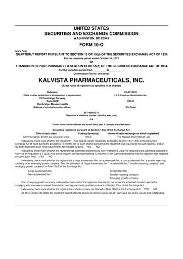 Vorschaubild KalVista Pharmaceuticals 10-Q Quartalsbericht 2024 