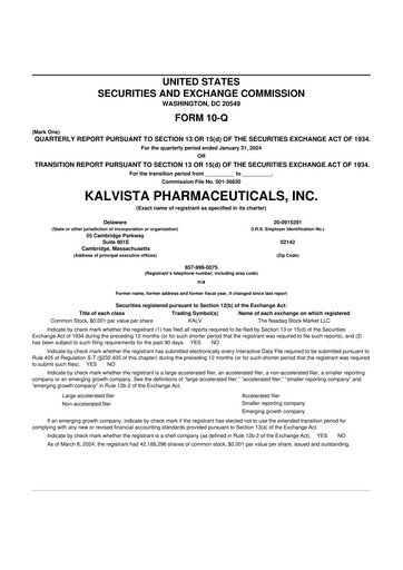 Vorschaubild KalVista Pharmaceuticals 10-Q Quartalsbericht 2024 