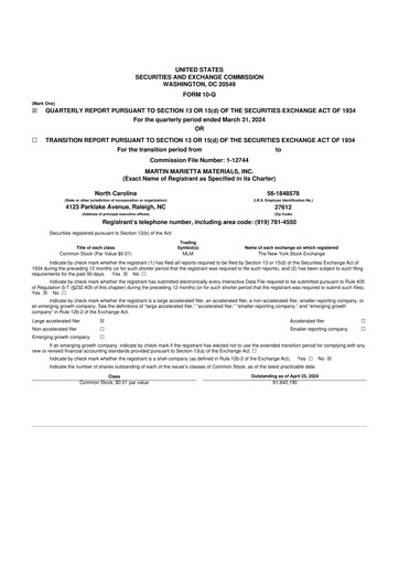 Thumbnail Martin Marietta Materials 10-Q Quarterly Report FY2024 