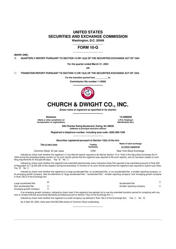 Thumbnail Church & Dwight
 10-Q Quarterly Report FY2024 