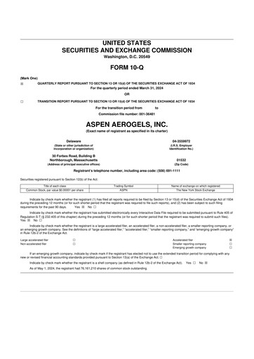 Miniature Aspen Aerogels 10-Q Rapport trimestriel 2024 