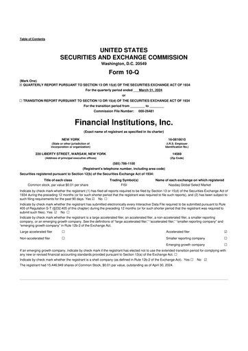 Thumbnail Financial Institutions 10-Q Quarterly Report FY 