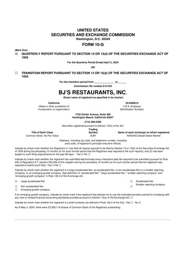 Thumbnail BJ's Restaurants
 10-Q Quarterly Report FY 