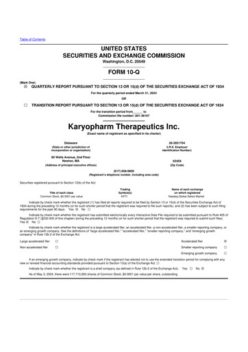 Thumbnail Karyopharm Therapeutics
 10-Q Quarterly Report FY2024 