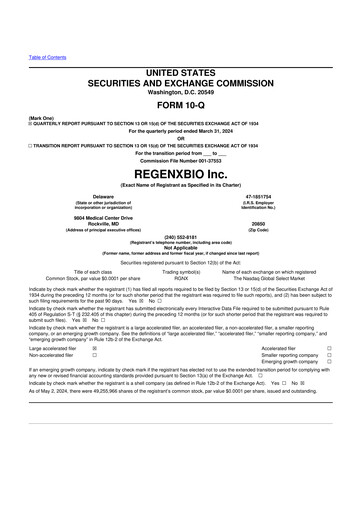 Miniature REGENXBIO 10-Q Rapport trimestriel  