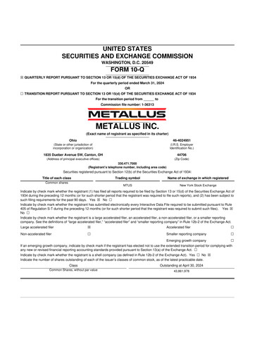 Miniature Metallus 10-Q Rapport trimestriel 2024 