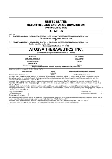 Miniature Atossa Therapeutics 10-Q Rapport trimestriel  