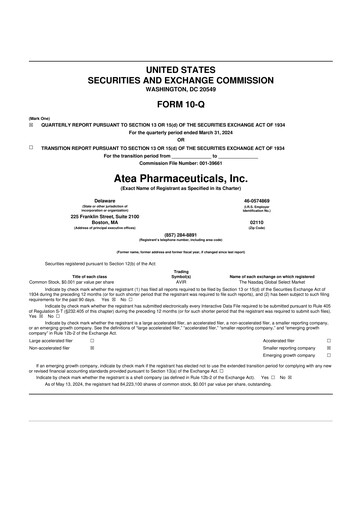Thumbnail Atea Pharmaceuticals 10-Q Quarterly Report FY2024 