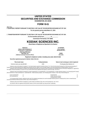 Miniature Kodiak Sciences
 10-Q Rapport trimestriel  