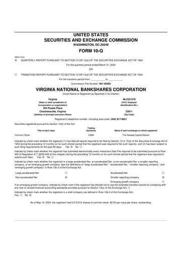Thumbnail Virginia National Bankshares 10-Q Quarterly Report FY2024 