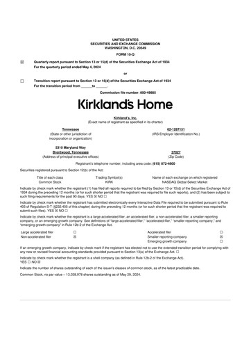 Thumbnail Kirkland's 10-Q Quarterly Report FY 
