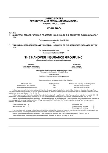Thumbnail Hanover Insurance Group 10-Q Quarterly Report FY 