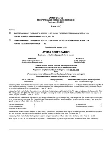 Thumbnail Avista
 10-Q Quarterly Report FY 