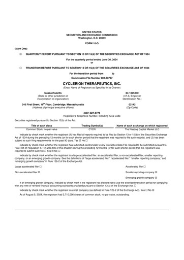 Miniature Cyclerion Therapeutics
 10-Q Rapport trimestriel 2024 