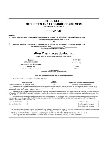 Thumbnail Atea Pharmaceuticals 10-Q Quarterly Report FY2024 