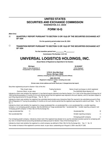 Thumbnail Universal Logistics Holdings 10-Q Quarterly Report FY2024 
