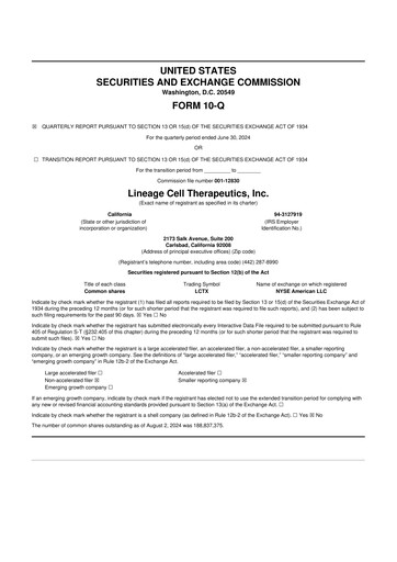 Miniature Lineage Cell Therapeutics
 10-Q Rapport trimestriel  