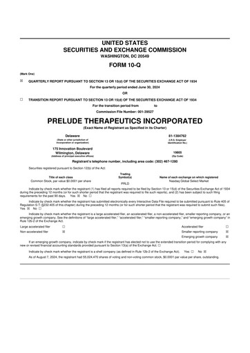 Miniature Prelude Therapeutics 10-Q Rapport trimestriel 2024 