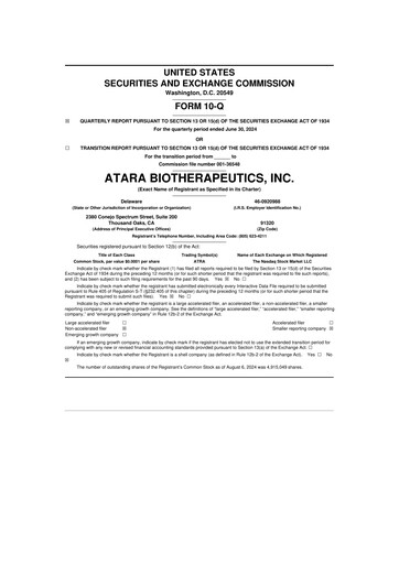 Miniature Atara Biotherapeutics 10-Q Rapport trimestriel  