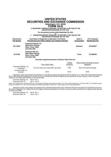 Thumbnail Cinemark Theatres
 10-Q Quarterly Report FY 