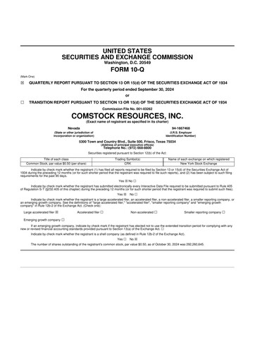 Thumbnail Comstock Resources 10-Q Quarterly Report FY2024 