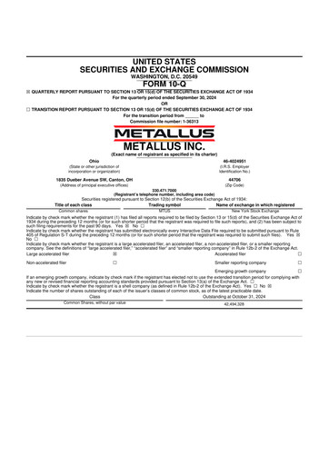 Miniature Metallus 10-Q Rapport trimestriel 2024 