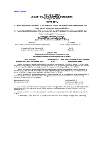 Thumbnail Rocket Pharmaceuticals
 10-Q Quarterly Report FY2024 