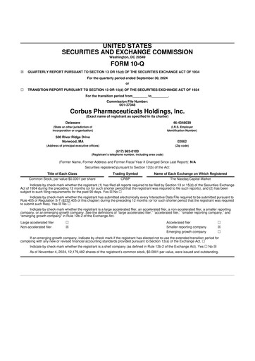 Vorschaubild Corbus Pharmaceuticals
 10-Q Quartalsbericht 2024 