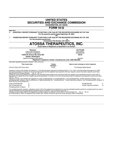 Miniature Atossa Therapeutics 10-Q Rapport trimestriel  