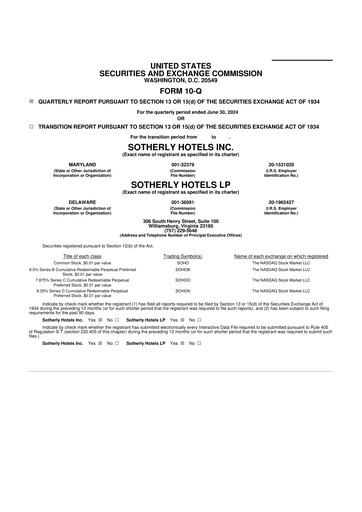 Miniature Sotherly Hotels 10-Q Rapport trimestriel  