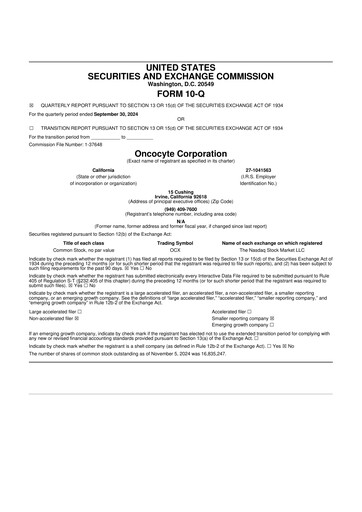 Miniature OncoCyte
 10-Q Rapport trimestriel 2024 
