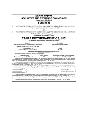 Miniature Atara Biotherapeutics 10-Q Rapport trimestriel  