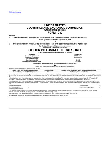 Thumbnail Olema Pharmaceuticals 10-Q Quarterly Report FY 