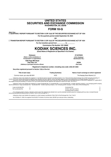 Miniature Kodiak Sciences
 10-Q Rapport trimestriel  