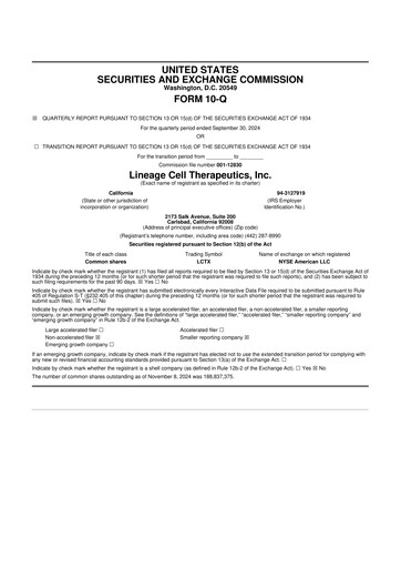 Miniature Lineage Cell Therapeutics
 10-Q Rapport trimestriel  