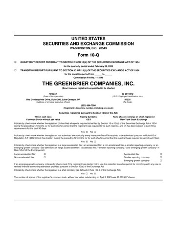 Thumbnail The Greenbrier Companies
 10-Q Quarterly Report FY2025 
