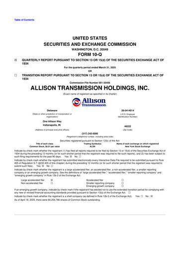 Thumbnail Allison Transmission
 10-Q Quarterly Report FY2025 