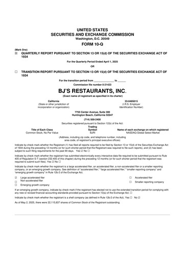 Thumbnail BJ's Restaurants
 10-Q Quarterly Report FY 