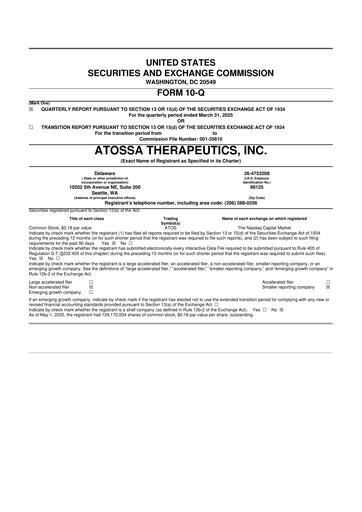 Miniature Atossa Therapeutics 10-Q Rapport trimestriel  