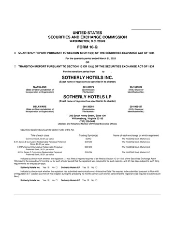 Miniature Sotherly Hotels 10-Q Rapport trimestriel  