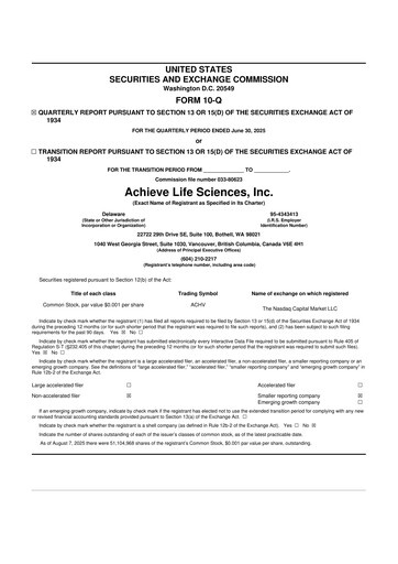 Vorschaubild Achieve Life Sciences
 10-Q Quartalsbericht 2025 