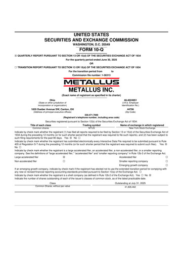 Miniature Metallus 10-Q Rapport trimestriel 2025 