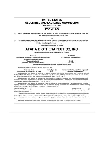 Miniature Atara Biotherapeutics 10-Q Rapport trimestriel  