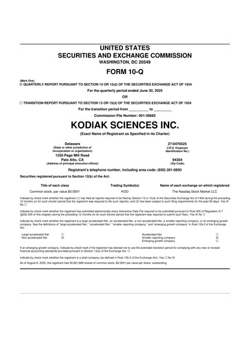 Miniature Kodiak Sciences
 10-Q Rapport trimestriel  